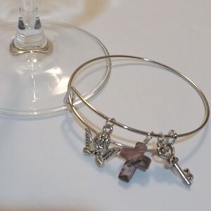 3 Christian Style Charms Cross Silvertone Wire Bangle Bracelet